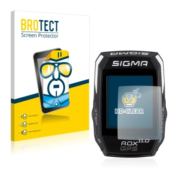 Front side of a product packaging with the brand logo BROTECT. Next to it is the device Sigma ROX GPS 11.0 shown with the corr