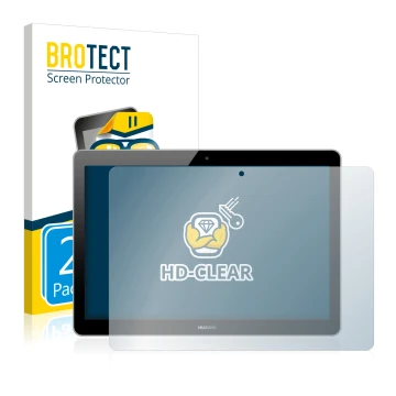 Front side of a product packaging with the brand logo BROTECT. Next to it is the device Huawei MediaPad T3 10 shown with the c