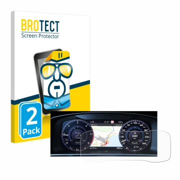 Front side of a product packaging with the brand logo BROTECT. Next to it is the device Volkswagen Golf 7 Active Info Chockpit