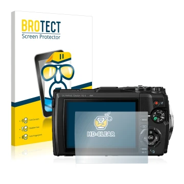 Front side of a product packaging with the brand logo BROTECT. Next to it is the device Olympus Tough TG-5 shown with the corr