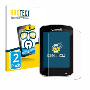 Front side of a product packaging with the brand logo BROTECT. Next to it is the device Garmin Edge Explore 820 shown with the