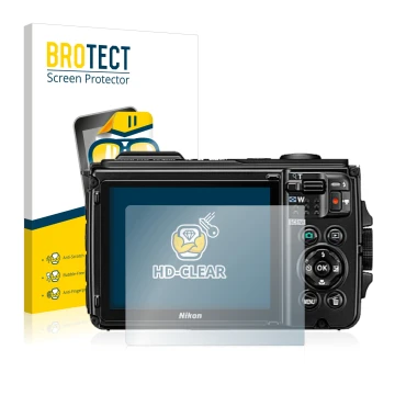 Front side of a product packaging with the brand logo BROTECT. Next to it is the device Nikon Coolpix W300 shown with the corr