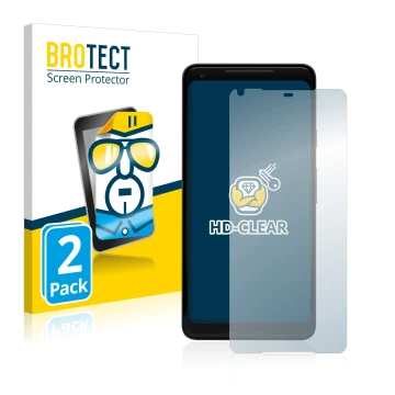 Front side of a product packaging with the brand logo BROTECT. Next to it is the device Google Pixel 2 XL shown with the corre