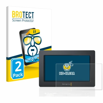 Front side of a product packaging with the brand logo BROTECT. Next to it is the device Blackmagic Design Video Assist (5.0) s