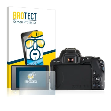 Front side of a product packaging with the brand logo BROTECT. Next to it is the device Canon EOS 200D shown with the correspo