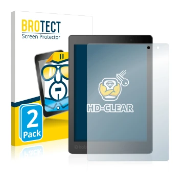 Front side of a product packaging with the brand logo BROTECT. Next to it is the device Kobo Aura One shown with the correspon