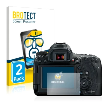 Front side of a product packaging with the brand logo BROTECT. Next to it is the device Canon EOS 6D Mark II shown with the co