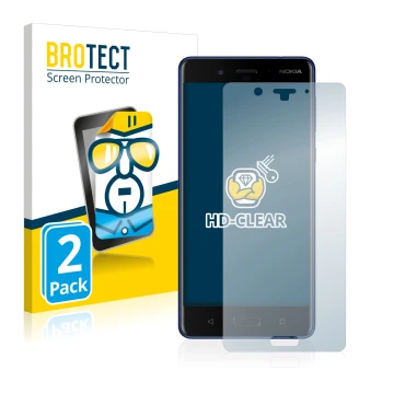 Front side of a product packaging with the brand logo BROTECT. Next to it is the device Nokia 8 shown with the corresponding s