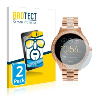 Front side of a product packaging with the brand logo BROTECT. Next to it is the device Fossil Q Venture shown with the corres