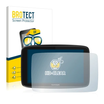 Front side of a product packaging with the brand logo BROTECT. Next to it is the device TomTom GO 6250 shown with the correspo