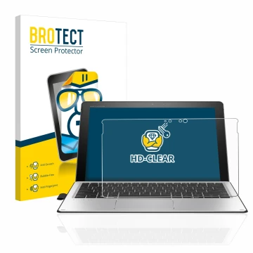 Front side of a product packaging with the brand logo BROTECT. Next to it is the device HP Elite x2 1012 G2 shown with the cor