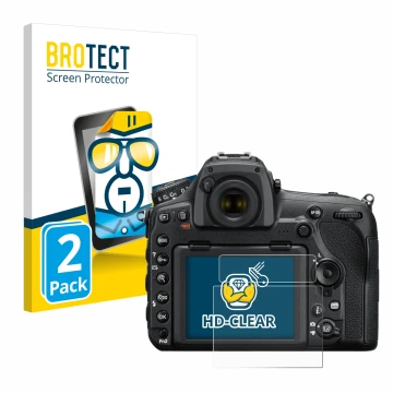 Front side of a product packaging with the brand logo BROTECT. Next to it is the device Nikon D850 shown with the correspondin