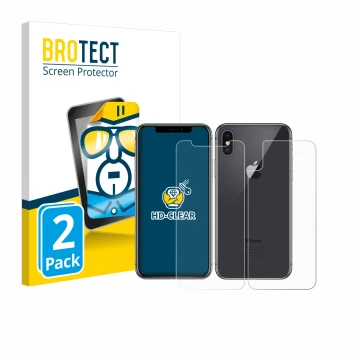 Front side of a product packaging with the brand logo BROTECT. Next to it is the device Apple iPhone X (Front+Back) shown with