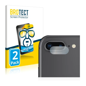 Front side of a product packaging with the brand logo BROTECT. Next to it is the device Apple iPhone 8 Plus (ONLY Camera Lens)