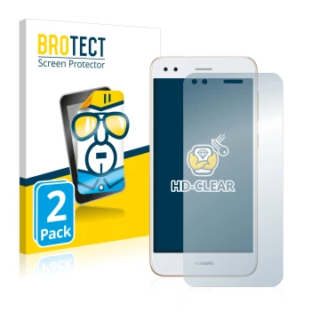 Front side of a product packaging with the brand logo BROTECT. Next to it is the device Huawei P9 Lite Mini shown with the cor