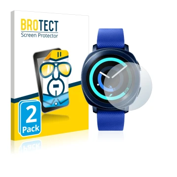 Front side of a product packaging with the brand logo BROTECT. Next to it is the device Samsung Gear Sport shown with the corr