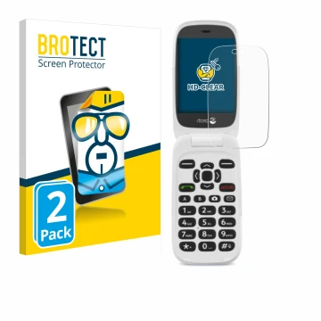 Front side of a product packaging with the brand logo BROTECT. Next to it is the device Doro 6520 shown with the corresponding