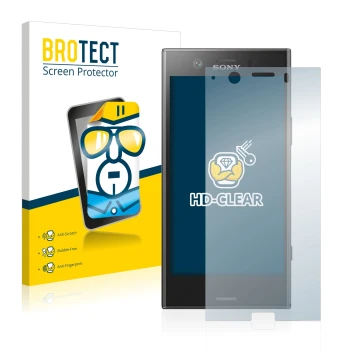 Front side of a product packaging with the brand logo BROTECT. Next to it is the device Sony Xperia XZ1 Compact shown with the