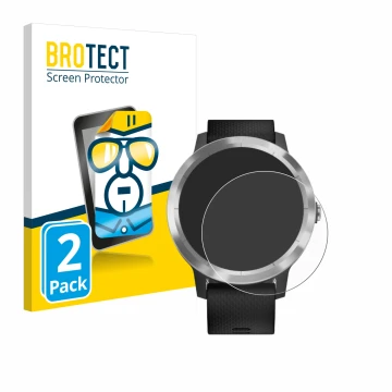 Front side of a product packaging with the brand logo BROTECT. Next to it is the device Garmin vivoactive 3 shown with the cor