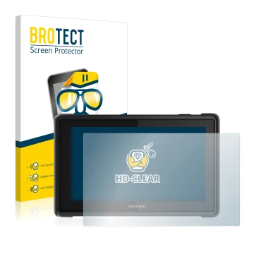 Front side of a product packaging with the brand logo BROTECT. Next to it is the device TomTom Pro 8275 Truck shown with the c