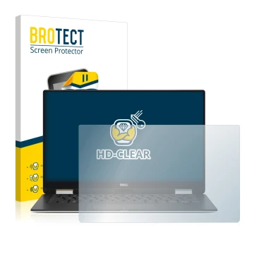 Front side of a product packaging with the brand logo BROTECT. Next to it is the device Dell XPS 13 9365 2-in-1 shown with the