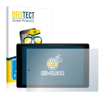 Front side of a product packaging with the brand logo BROTECT. Next to it is the device Amazon Fire HD 10 2017 (7th Gen.) show