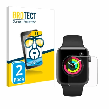 Front side of a product packaging with the brand logo BROTECT. Next to it is the device Apple Watch Series 3 (42 mm) shown wit
