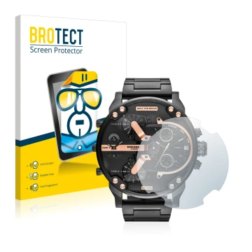 Front side of a product packaging with the brand logo BROTECT. Next to it is the device Diesel DZ7312 shown with the correspon