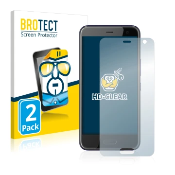 Front side of a product packaging with the brand logo BROTECT. Next to it is the device HTC U11 Life shown with the correspond