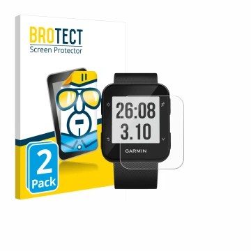 Front side of a product packaging with the brand logo BROTECT. Next to it is the device Garmin Forerunner 30 shown with the co