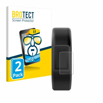 Front side of a product packaging with the brand logo BROTECT. Next to it is the device Garmin Vivosport shown with the corres