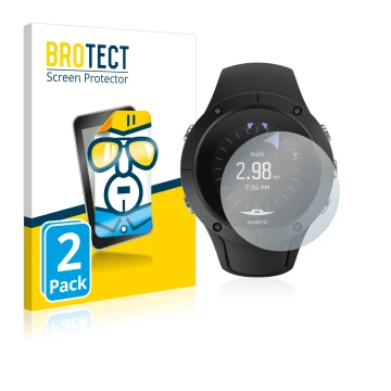Front side of a product packaging with the brand logo BROTECT. Next to it is the device Suunto Spartan Trainer Wrist HR shown 