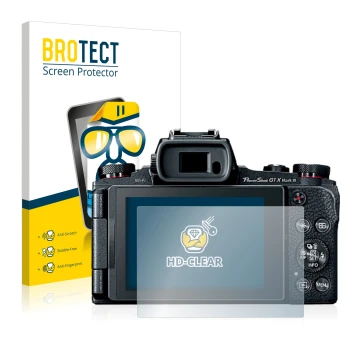 Front side of a product packaging with the brand logo BROTECT. Next to it is the device Canon PowerShot G1 X Mark III shown wi