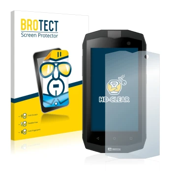 Front side of a product packaging with the brand logo BROTECT. Next to it is the device Crosscall Trekker M1 shown with the co