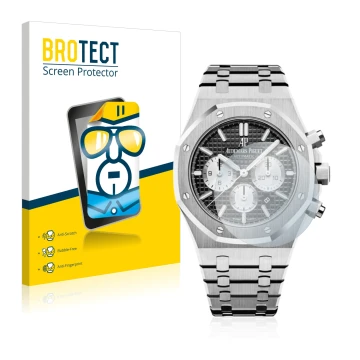 Front side of a product packaging with the brand logo BROTECT. Next to it is the device Audemars Piguet Royal Oak (41 mm) show