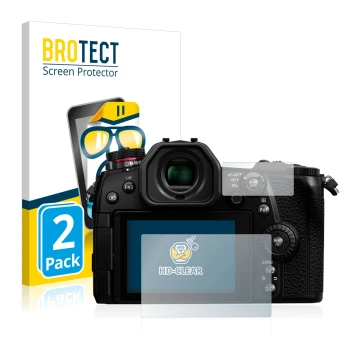Front side of a product packaging with the brand logo BROTECT. Next to it is the device Panasonic Lumix DC-G9 shown with the c