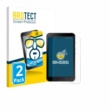 Front side of a product packaging with the brand logo BROTECT. Next to it is the device Samsung Galaxy Tab Active 2 shown with