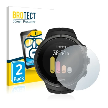 Front side of a product packaging with the brand logo BROTECT. Next to it is the device Suunto Spartan Ultra shown with the co