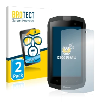 Front side of a product packaging with the brand logo BROTECT. Next to it is the device Crosscall Trekker M1 Core shown with t