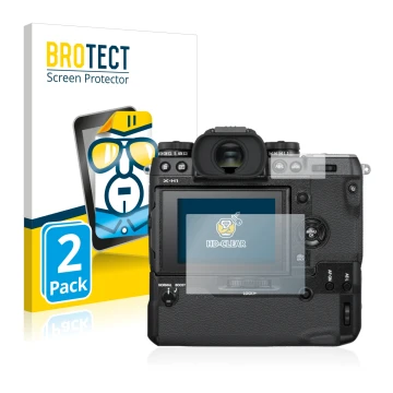 Front side of a product packaging with the brand logo BROTECT. Next to it is the device Fujifilm X-H1 shown with the correspon