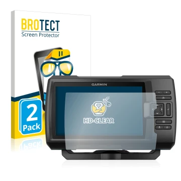 Front side of a product packaging with the brand logo BROTECT. Next to it is the device Garmin Striker Plus 5cv shown with the