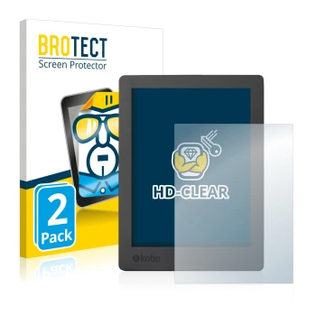 Front side of a product packaging with the brand logo BROTECT. Next to it is the device Kobo Aura H2O Edition 2 shown with the