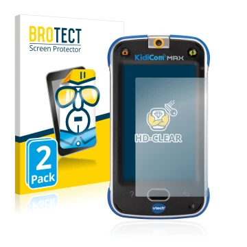 Front side of a product packaging with the brand logo BROTECT. Next to it is the device Vtech Kidicom Max shown with the corre