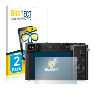 Front side of a product packaging with the brand logo BROTECT. Next to it is the device Panasonic Lumix DMC-TZ100 shown with t