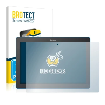 Front side of a product packaging with the brand logo BROTECT. Next to it is the device Lenovo Tab 10 TB-X103F shown with the 