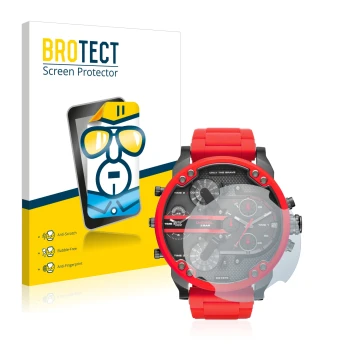 Front side of a product packaging with the brand logo BROTECT. Next to it is the device Diesel DZ7370 shown with the correspon