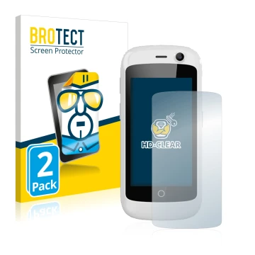 Front side of a product packaging with the brand logo BROTECT. Next to it is the device Unihertz Jelly Pro shown with the corr