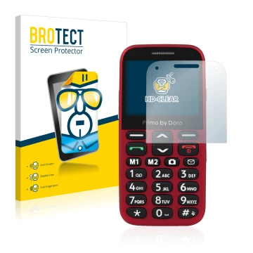 Front side of a product packaging with the brand logo BROTECT. Next to it is the device Doro Primo 366 shown with the correspo