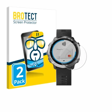 Front side of a product packaging with the brand logo BROTECT. Next to it is the device Garmin Forerunner 645 shown with the c