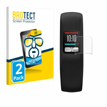Front side of a product packaging with the brand logo BROTECT. Next to it is the device Garmin Vivofit 4 shown with the corres